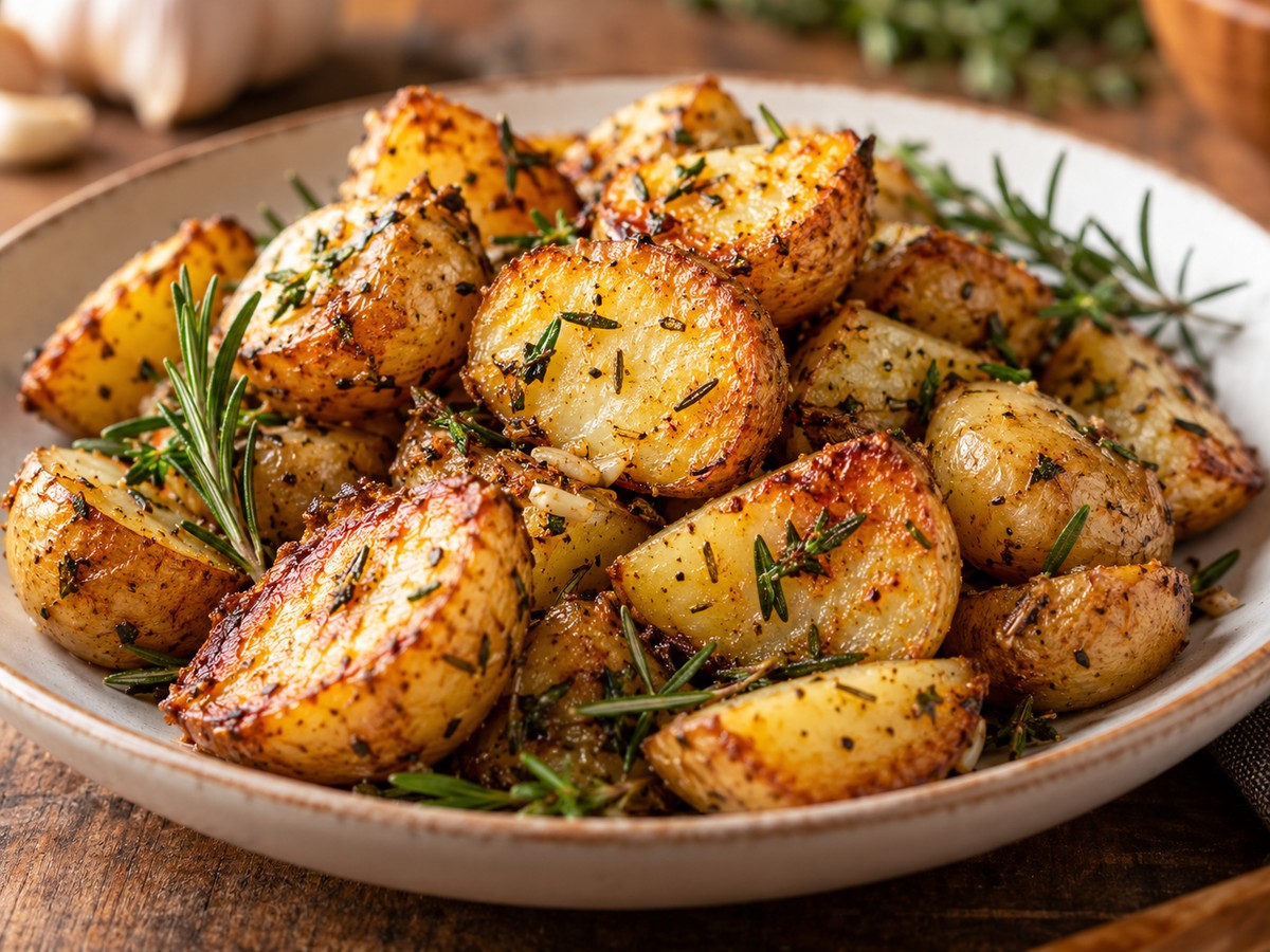 Garlic Herb Roasted Potatoes plated food photograph